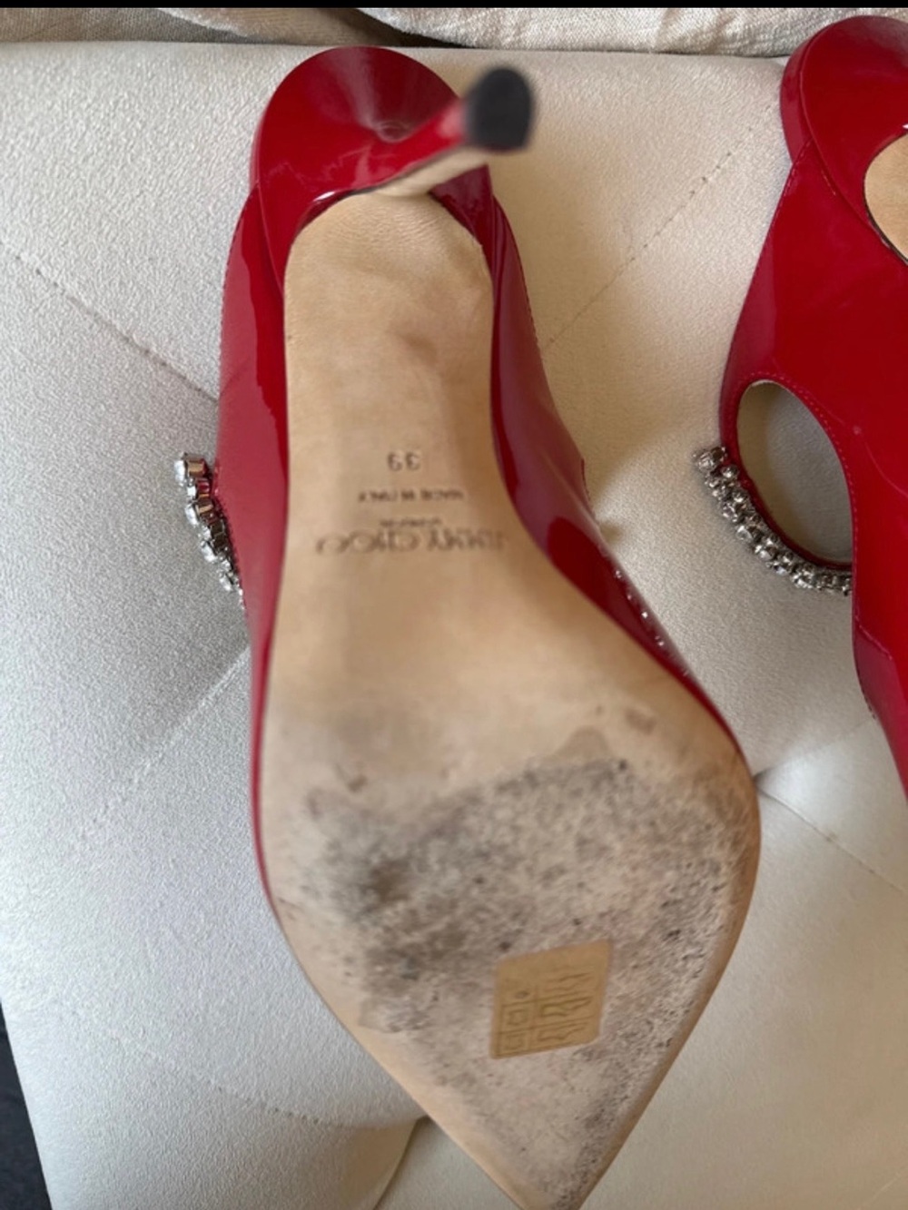 Jimmy Choo Red Patent Pointed Toe Crystal-Strap Mules - Picture 6 of 11